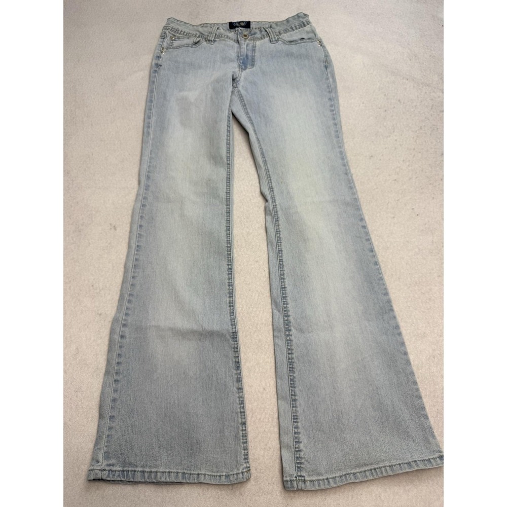 Angels Jeans Womens 7 Blue Light Wash Low Rise Flare Embroidered Stretch Denim
